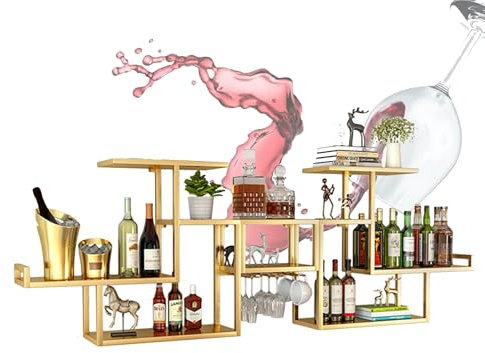 WXZXWXZX Botellero Vino Pared Vinoteca Mueble Bar Garrafeira Mini Bar Wine Rack Mueble Comedor Cocina con Colgador Copas para Barra para Bar Sala de Estar Cocina Despensa Bodega(Gold,120CM)