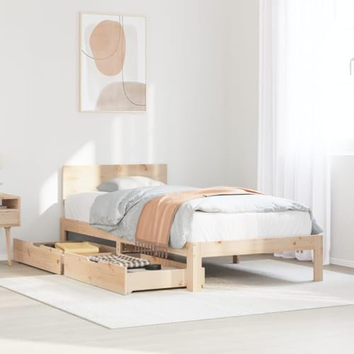 Homgoday Massivholzbett mit Schubladen Bettgestell Bettrahmen Stauraumbett Holzbett Gästebett Jugendbett mit Lattenrost Bett für Schlafzimmer Gästezimmer 90x190 cm Massivholz Kiefer