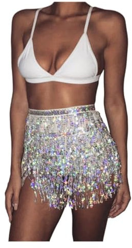 ZSXPBZL Bauchtanz Hüfttuch,Bauchtanz,Bauchtanz Gürtel Bauchtanz Hüftschal Schal Pailletten Fransen Taille Kettengürtel(White)