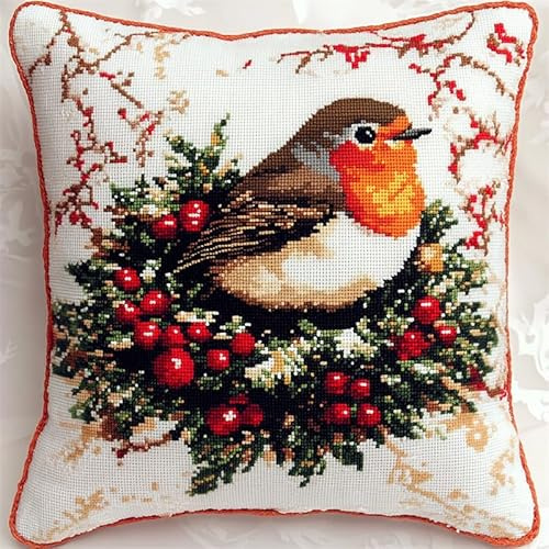 AMBATTERY Kit De Broderie Au Point De Croix Pré-Imprimé, guirlande et oiseaux Coussin à Broder au Point de Croix 45X45cm Coussin à Broder Fait Main Housse De Coussin À Broder Point De Croix