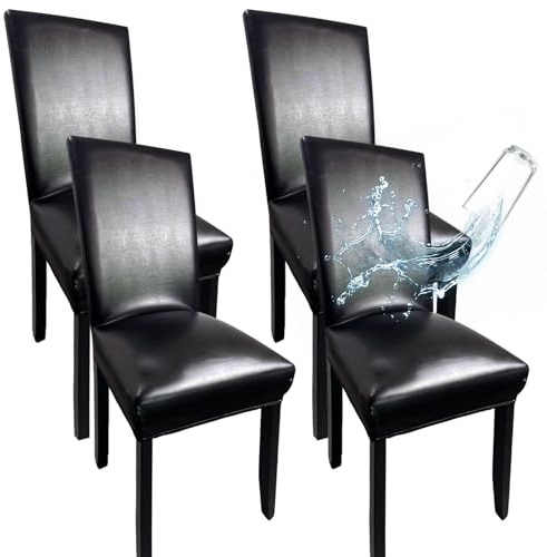 WUSOUPU Leather Chair Covers for Dining Chairs Set of 4, Super Stretch Waterproof Kitchen Chair Covers Thickened Washable Dining Chair Slipcovers Black Chair Seat Covers for Dining/Kitchen/Banquet