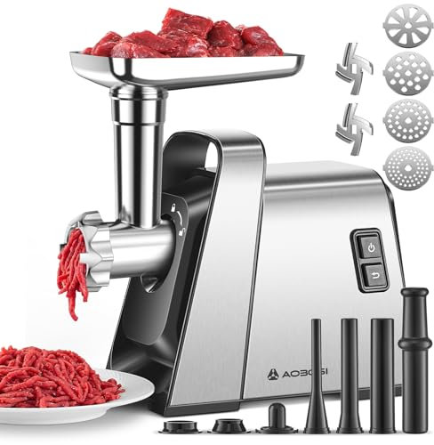 AAOBOSI Meat Grinder Electric, [3000W Max] Meat Grinder Heavy Duty with 2 Stainless Steel Blades & 4 Grinding Plates, Sausage Maker & Kibbe Kit for Home Kitchen Using