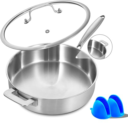 LOLYKITCH Sauté Pan, 6QT Tri-Ply Stainless Steel Deep Cooking Pan, 12 Inch Everyday Pan with Lid, Large Induction Frying Skillet Compatible with All Cooktops, Two Ergonomic Handles for Conversion