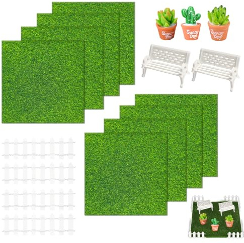 Rbleote 8 Stück Kunstrasen zum Basteln, 15×15cm Miniatur Rasen Dekoration mit 2 Miniatur Bank, 4 Miniatur Kunstrasen Zaun und 3 Simulation Sukkulente für Mikrolandschaft Terrasse DIY Dekorationen