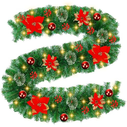 Weihnachtsgirlande mit Beleuchtung, 2.7M Girlande Weihnachten Batterie 50LED Warmweiß Tannengirlande mit Beleuchtung, Weihnachtsdeko Balkon Christmas Garland für Treppengeländer Tür Kamine Innen Außen