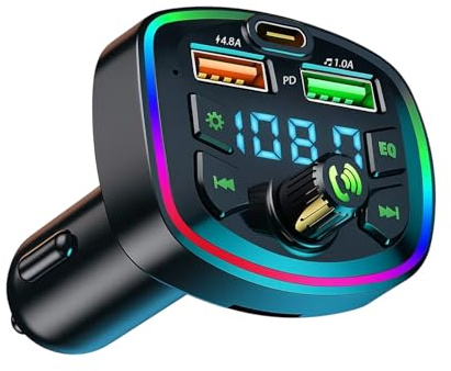 Transmetteur FM Bluetooth Voiture, Adaptateur Radio Lecteur de MP3, Allume Cigare USB Bluetooth, Kit Emetteur 4.8A USB, Appels Mains Libres, SupportUSB/Carte TF