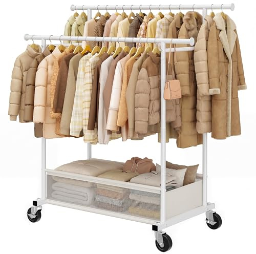Klyvvo 110cm Doppelter Kleiderständer auf Rollen, 48L Wäschekorb, Weiß