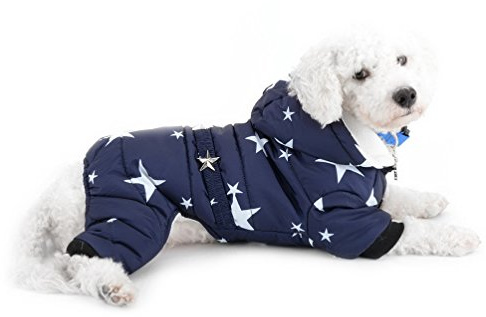 SELMAI Schneeanzug für kleine Hunde, mit Fleece gefüttert, Sternengürtel, Kapuze, Overall, vierbeinige Hose, Wintermäntel, Welpen, Hunde, Chihuahua, Bekleidung, Outfits, Blau, Größe XXL