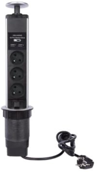 Perel Steckdosenturm, versenkbar, 3 Steckdosen Typ E, 2 USB-Ladebuchsen, Montageloch 71 mm, Innenbereich, Schwarz/Grau