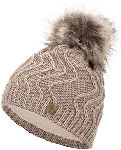 Faera Mütze Damen Wintermütze warm gefüttert mit Kunstfell Bommel Bommelmütze Fleecefutter Winter Strickmütze Beanie, Farbe:Beige