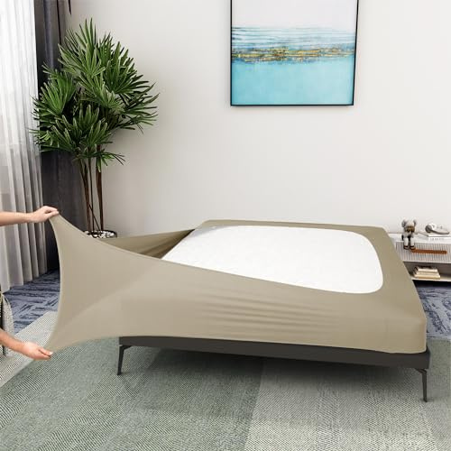 Överdrag för kontinentalsäng, king size – jerseystickad och stretchig, linda runt 4 sidor, sängkjol för hotell och hem – king/California king/olympic queen, brungrå