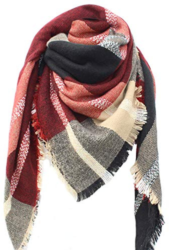 Tybiky Damen Schal Kariert übergroßer Warm Weich Strickschal Karo XXL Winterschal Herbstschal Wolleschal Frauen Deckenschal Halstuch Scarf Poncho Cape (Rot Beige)