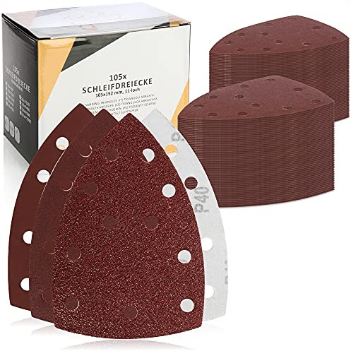 Robin Goods® 105x Schleifpapier Dreieckschleifer - Schleifdreiecke 11 Loch mit Klett - Schleifblätter in 9 Größen - Schleifscheiben 105 x 152 mm 40/60/80/120/180/240/400/800/2000 (dreieckig - rot)