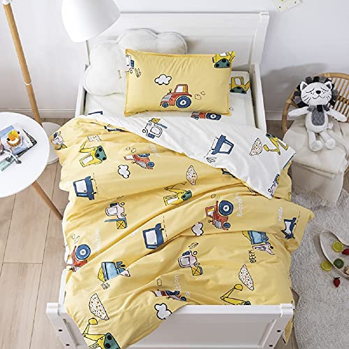 Sedefen Bettwäsche 135x200cm Baumwolle Kinder Jungen Gelb Weiß Bagger Autos Wende Muster Kinderbettwäsche Set,Cars Automotiv Renforce Bettbezug und Kissenbezug 80x80cm mit Reißverschluss