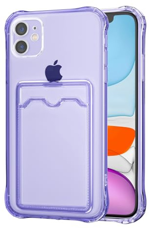 DEFBSC Case for iPhone 11, Transparent Back Card Holder Phone Case, Ultra Slim Soft TPU Shockproof Clear Case with Card Slot for Back of Phone - Purple