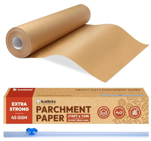 Katbite Ungebleichtes Pergamentpapier zum Backen, 38,1 cm x 64 m, 260 m², robustes Backpapier mit Gleitschneider, antihaftbeschichtetes braunes Pergamentpapierrolle zum Kochen, Luftfritteuse, Dämpfen,