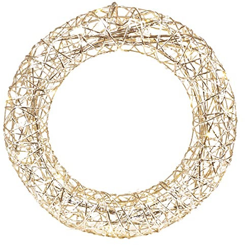 Light Up LED Festive Decorative Christmas Wall Door Hanging Wreath | Battery Operated Pre Lit Xmas Wreath (Gold Wire & White Pearls, 40cm with 30LEDs)