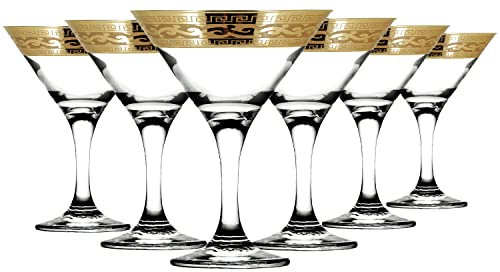 Roman Deluxe Martini Glasses Set of 6/ Round Coctail Glasses/Thick Stem/Decorated Glitter Gold Rim with Ornament/ 7oz - 200ml/ Gift Set in Box for Women or Men (Classic)