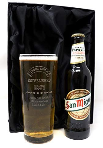 Personalised Engraved Established Birthday Pint Beer Glass & Bottle Gift Set for Son on his 18th or 21st Birthday (San Miguel Premium Especial Lager Beer, Silk Lined Gift Box) 5% vol