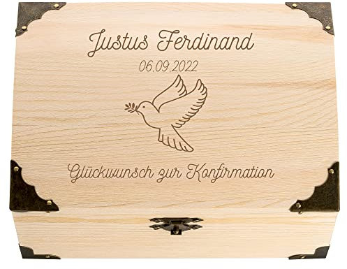 4youDesign Schatztruhe zur Konfirmation mit persönlicher Gravur – Motiv Taube – personalisiertes Geldgeschenk mit Name & Datum – Erinnerungsbox (Taube)