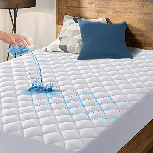 HYLEORY Full XL Size Waterproof Mattress Pad Protector, Breathable Quilted Mattress Cover Noiseless Waterproof Fitted Sheet Mattress Topper Upto 21 Deep Pocket, White
