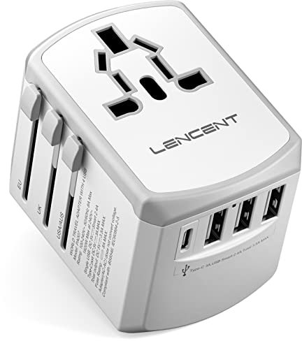 LENCENT Adattatore Universale da Viaggio, Caricatore Internazionale con 3 USB e 1 Tipo-C e Presa AC Ricarica, Adattatore Spina Universale per EU USA UK AUS, Caricabatterira USB per Telefono -Bianco