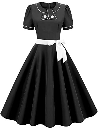 AXOE Women Vintage 1950s Dress Rockabilly Swing Knee Length Short Sleeve Retro Cocktail A-Line Summer Dresses for Tea Party Black, UK Size 18-20, 3XL