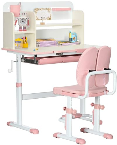 HOMCOM Banco Scuola con Sedia Bambini 3-12 Anni Altezza Regolabile Rosa