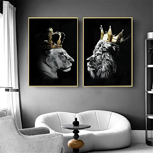 IUNTWEIE Lion et Lionne avec Couronne Toile Images sur Toile Noir et Blanc Animaux Décoration Impressions Sans cadre (2x40x60cm, Lion-1)