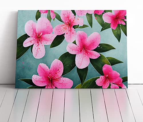 Rhododendron Flowers Splashed Blue, Orange, Teal | Canvas Wall Art Print | Framed & Ready to Hang Picture | Modern Home Decor for Living Room, Bedroom, Kitchen or Office | 24x16 Inches