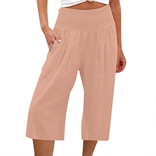 Leinenhose Damen Capri Knielange Yogahose High Waist Sommerhose kurz mit Taschen für Yoga Sport Laufen Workout Radfahren Sommer Leicht und Luftig Bequeme Hose Yoga Hose Einfarbige Strandhose