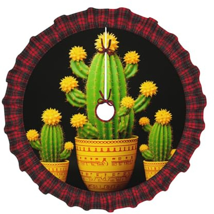 Jupe de sapin de Noël en toile de jute avec imprimé cactus jaune - 122 cm