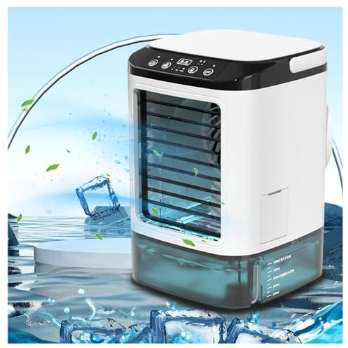 Air Con Unit, 900ml Water Tank,with Ice Box,3 Wind Speeds Air Cooler Air Conditioner Cooling Mist,7 LED Lights,with Handle Desktop Air Con for Home Office