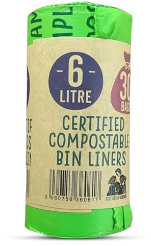 Eco Green Living 6 Litre Compostable Bin Liners – Plastic Free & Recyclable Caddy Bags for Food Waste, Leak Resistant Small Bin Liners, 36 x 66 cm - Quad Pack (120 Bags)