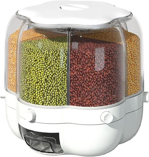 6-Grid Round Rice Dispenser 360° Rotating Food Bucket Transparent Rice Storage Container Rotatable Dry Food Fruit Cereal Storage Box Tank for Home Kitchen,White