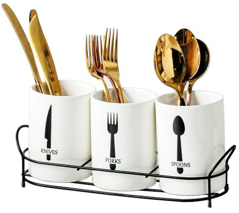 Besteckhalter aus Keramik, 3-teilig, mit schwarzem Metallgestell, Utensilienhalter, Besteck-Caddy für Küche und Arbeitsplatte, Weiß