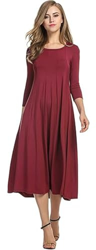 HOTOUCH Vestito da donna elegante tunica abito girocollo abiti casual manica 3/4 abiti linea A abito classico midi con tasche, Rosso vinaccia, L