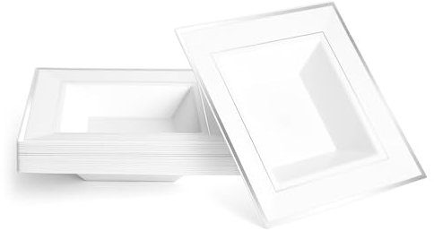 MATANA 20 Cuencos Cuadrados Blancos de Plástico con Borde Plateado, 350ml - Cuencso de Postre Sólidos y Reutilizables - Cuencos Sopa, Platos Hondos para Bodas, Cumpleaños, Fiestas