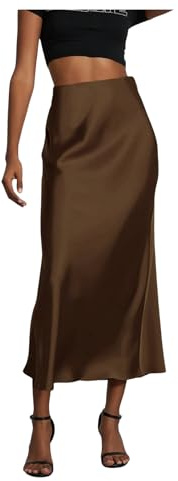 SOLY HUX Women's Elegant Satin Skirts High Waisted Flared Casual Work Office Fishtail Midi Skirt Coffee Brown Medium