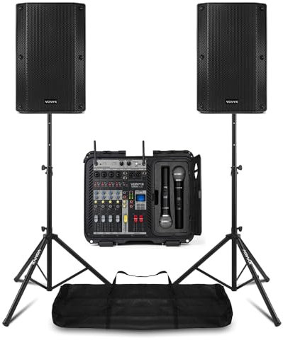 Vonyx Complete Passive PA System with 6-Channel 1200W Powered Mixer, Two 10-Inch Speakers, Speaker Stands, Wireless Microphones & Cables for Live Bands, DJs, Events & Presentations