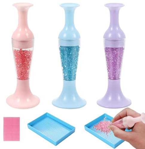 PWCTNT Diamond Painting Stift, Diamond Painting Zubehör, 3 Stück Blumentopf Form Diamant Malwerkzeug mit Tablett und Kleber, Punktbohrstift für Diamant Malerei DIY Nagelkunst