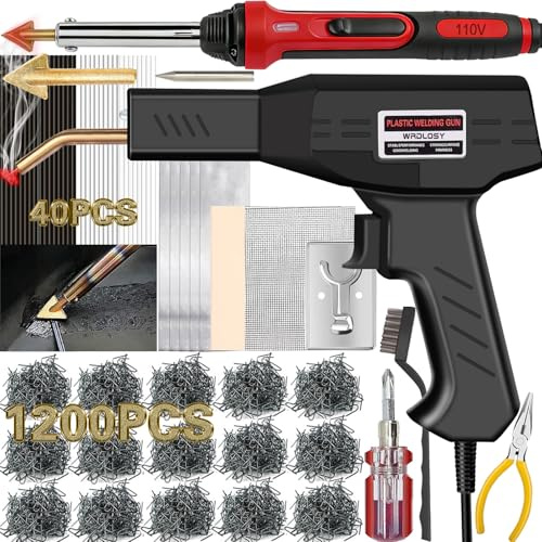Wrdlosy Saldatrice in plastica da 220 W, 1200 graffette, 40 aste, kit di saldatura in plastica, punte per saldatura 5 in 1, nastro di carta vetrata, supporto a rete metallica, spazzola metallica