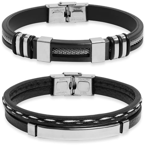 2Pcs Bracelets pour Homme Cuir Noir Bracelet D'enveloppe Silicone avec Détails en Acier Inoxydable, Ensemble de 2 Pièces, Idéal pour Cadeau d'Anniversaire ou Fête des Pères, Style Élégant et Ajustable