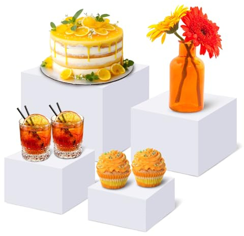 CODOHI 4Pcs White Acrylic Buffet Display Risers – Large Tiered Dessert Stands for Buffet Table, Catering, Cake, and Jewellery Display – Sturdy Food Display Stands (20cm, 18cm, 15cm, 13cm)