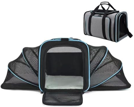 YENTAKE Transporttasche für Katzen 4-seitigeErweiterbare Katzentransportbox Katze Flugzeug Reisefreundlich Faltbarer katzenrucksack für 10kg inkl. Schultergurt (Grau trifft Blau)
