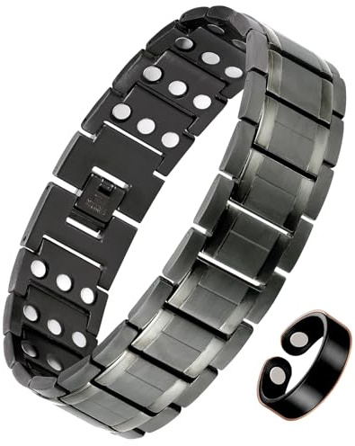 Jecanori 3 x Magnetarmband für Herren und Kupferring mit 3500 Gauss ultrastarken Magneten, verstellbares Titan-Stahl-Magnetarmband mit Einstellwerkzeug und Geschenkbox (grau)