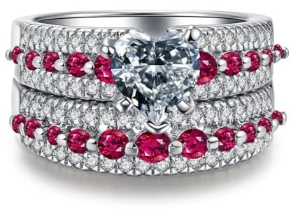 Hasdnker Ring Ringe Damen Bijouterie Herren Fashion Heart Rings Set Elegant White/Rose Red Crystal Rhinestones Rings for Women Jewelry Bridal Wedding Engagement 6 Silver