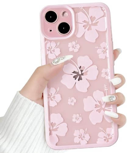 NITITOP Coque pour iPhone 13 Transparente Mignonne Fleur Motif Hibiscus Floral pour Femmes Filles Bordure Rose Doux TPU Antichoc Protection Caméra Étui - Rose