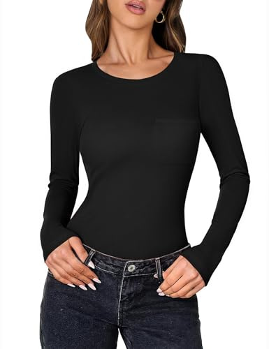 Aottori Tshirt Femme Col Rond Manches Longues Haut Côtelé Extensible Pull Élégant Sexy Slim Fit Top Basic avec Poche Respiratoire Chic Décontracté Noir XS