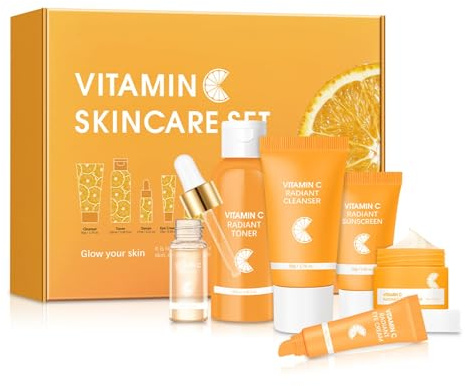 Lot de 6 soins de la peau à la vitamine C Radiant avec détergent, toner, sérum, crème pour les yeux, crème pour le visage et crème solaire, routine de protection éclaircissante et hydratante pour un